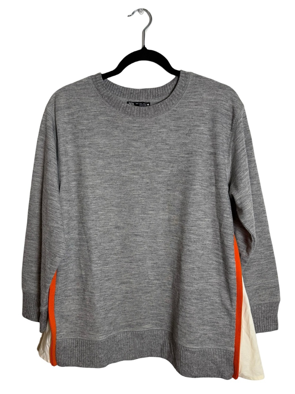 Zara Gray Knit Crewneck Side Zipper Sweater Orange Stripe Track Inset S